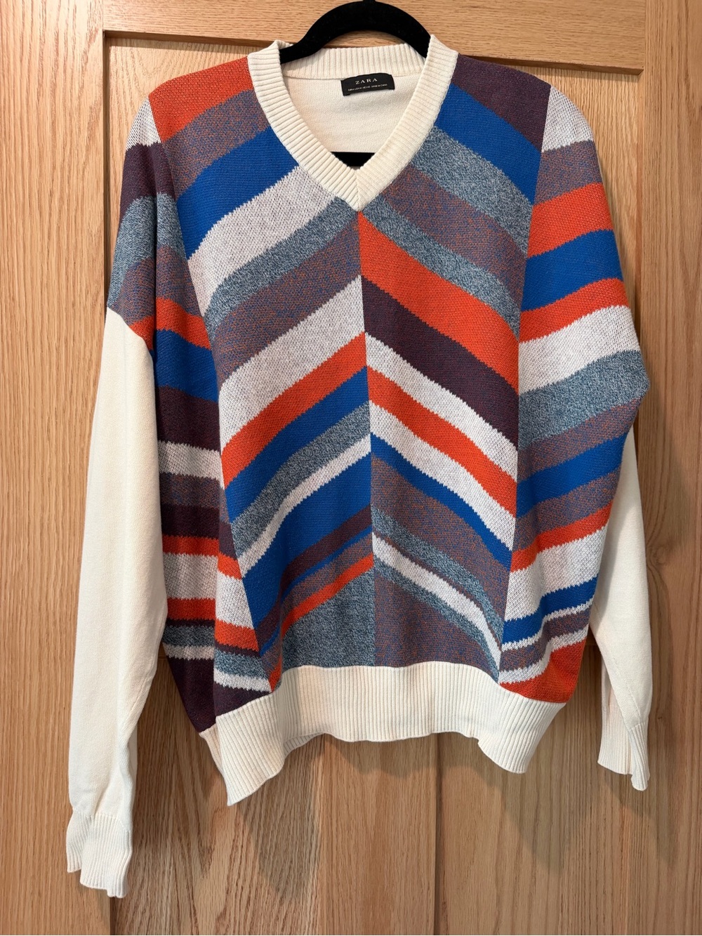 Zara V-Neck Colorblock Sweater in Cream, Blue, Orange & Purple